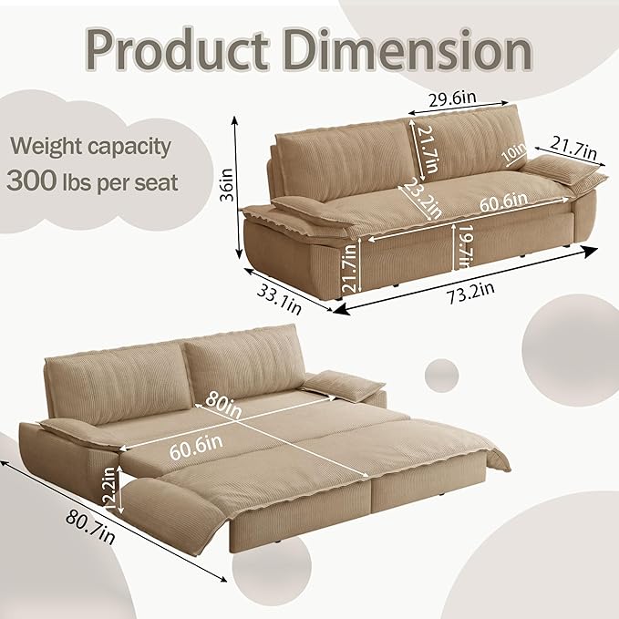 73.2 Queen Size Pull Out Sofa Bed 3-in-1 Convertible Sleeper Corduroy Loveseat for Living Room Apartment Bedroom Small Spaces Camel (Mattress &amp Bedding Not Included)