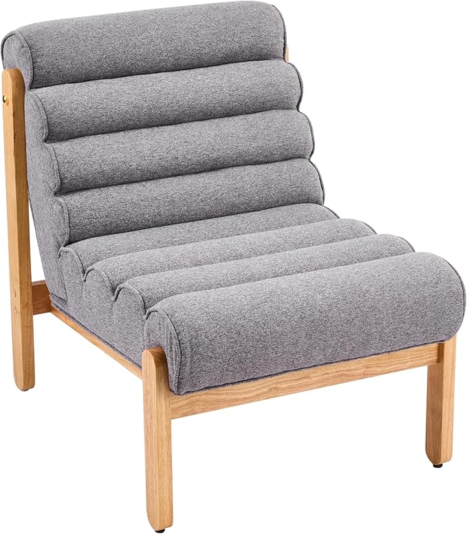 Scott Living Fluffy Low Profile Accent Chair Modern Living Room Armless Lounge Chair Fabric Comfy Reading Chair for Bedroom Wooden Frame and Thick Padded Seat Grey+Natural
