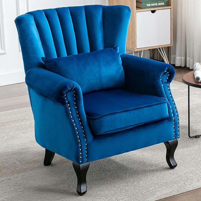 Accent Reading Arm Chairs Midcentury Modern Comfy Corner Sofa Chair Wingback Waiting Room Club Chair with Tufted Back for Living Room/Bedroom/Reception Room Velvet Blue