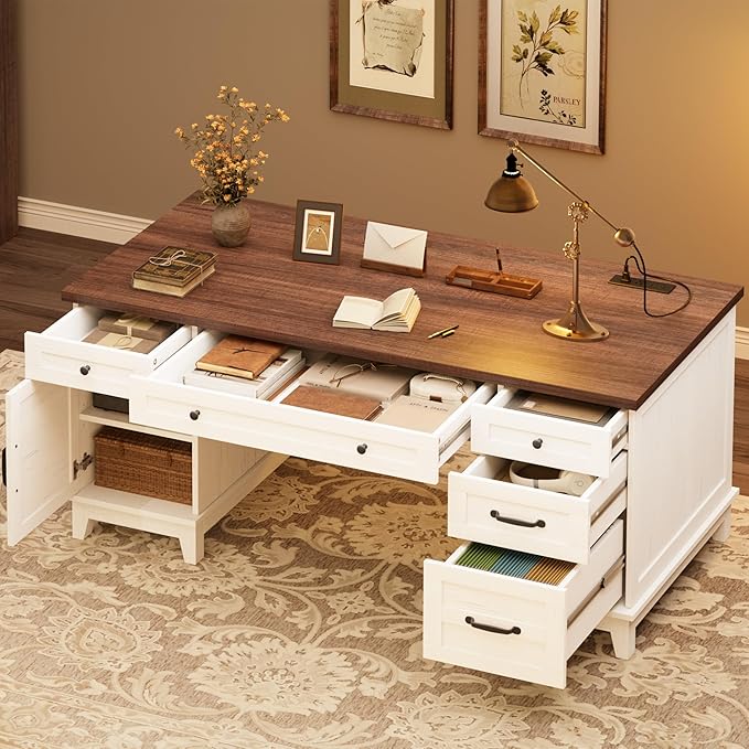 GAOMON 60in Wooden Executive Desk with 5 Drawers Office Desk Computer Table with Charging Station Farmhouse Home Office Desk with File Cabinet Storage for Study and Home Office White Walunt