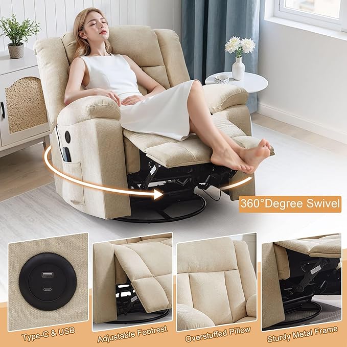 Rocker Recliner Glider Recliner Chairs for Adults 360° Swivel Rocking Chair with Massage and Heating Nursery Chair with Storage and USB Charging for Living Room Bedroom Nursery