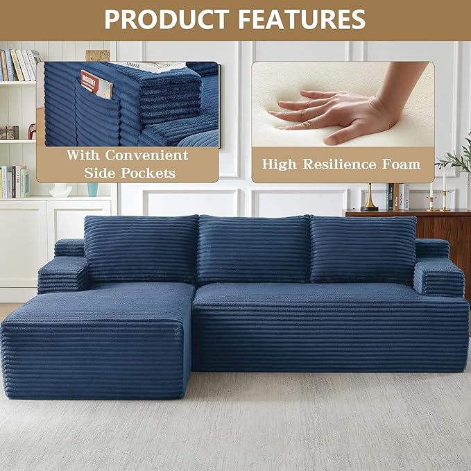 96 Modular Sectional Sofa Modern Corduroy L Shaped Cloud Couch with Side Pockets Boneless Upholstered Couches with Deep Seat for Living Room No Assembly Required (Blue Left Facing Chaise)