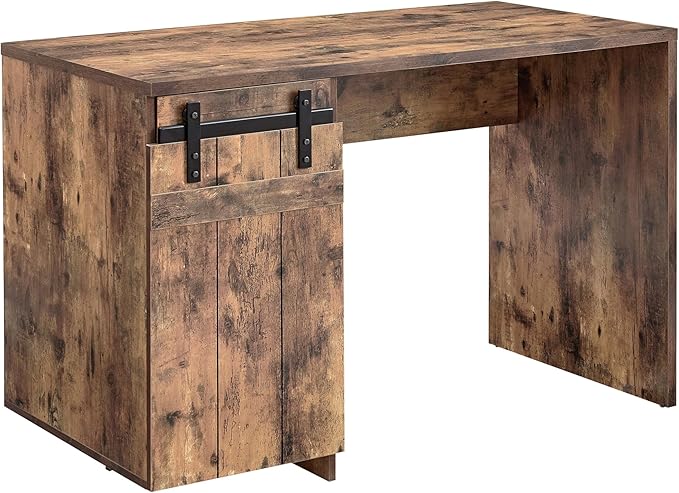 Home Office Desk Distressed Wood One Cabinet Three Shelves Faux Barn Door on Metal Euro Hinges Modesty Panel