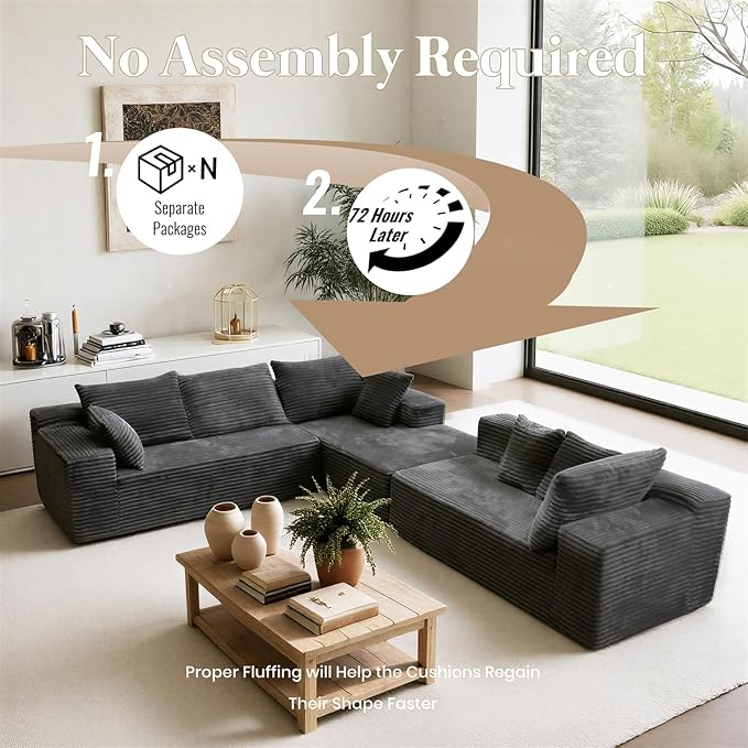 135'' Boneless Couches for Living Room Oversized V-Shaped 6-Seat Faux Fur Convertible Modular Sectional Cloud Sofa 4-in-1 Flexible Combination Deep Seat Corner Large Couch No Assembly Dark Grey