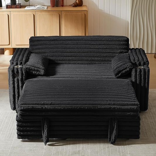 68 Corduroy Convertible Sofa Bed with USB Storage Armrests &amp Pillows – 3-in-1 Foldable Sleeper Chair Floor Couch for Living Room Bedroom Guest Room (ZY-1109-Black)