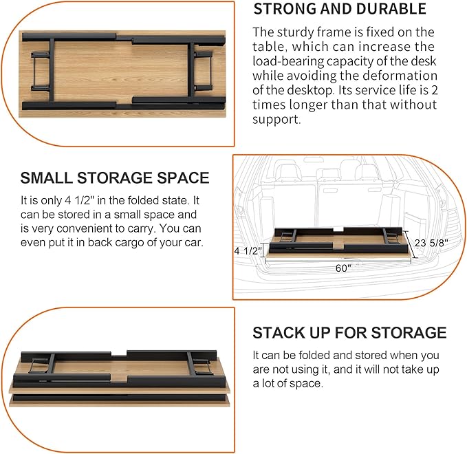 SDHYL Folding Desk 60inch No Assembly Folding Desks for Small Spaces Sturdy Computer Desk Functional Home Office Desks Study Writing Desk Office Table Workstation for Home Office Oak