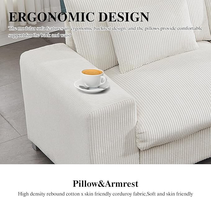 113 Inch Modular Sectional SofaModern l-Shaped Deep Seats Corduroy CouchSponge Couches with Chaise Lounge for Living Room Or Bedroom (White)