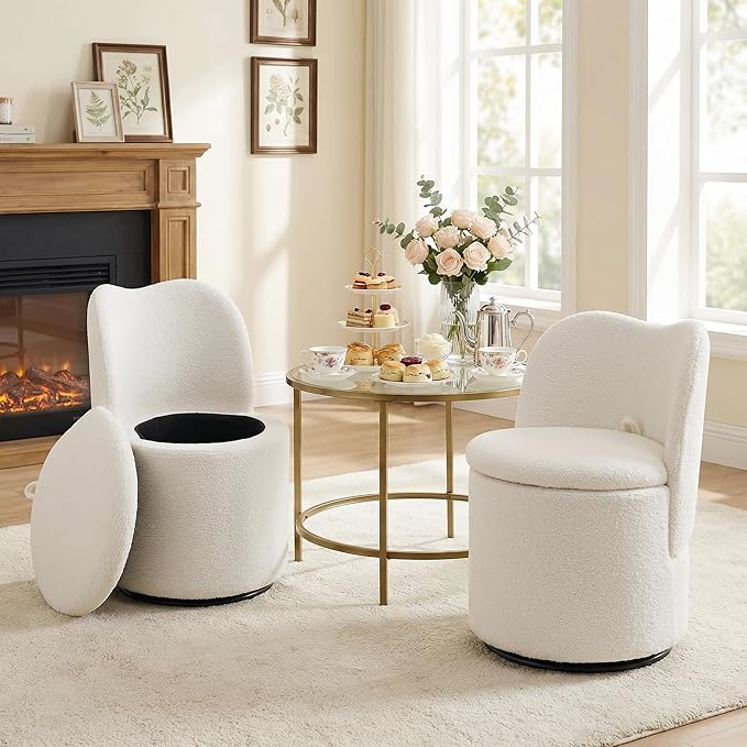 Swivel Teddy Vanity Chair with Storage Upholstered Vanity Stool with Back Sherpa Vanity Stool Chair Round Makeup Chair Swivel Accent Chair Barrel Armchair Soft Padded Seat for Living Room Bedroom