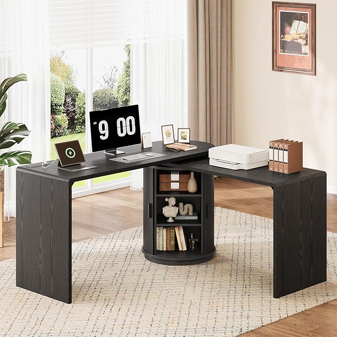ONBRILL 60 Inch L Shaped Desks with Power Outlets360° Rotating Fluted Computer Desk with Storge Swivel Corner Table for Home OfficeWorkstationStudy RoomBlack