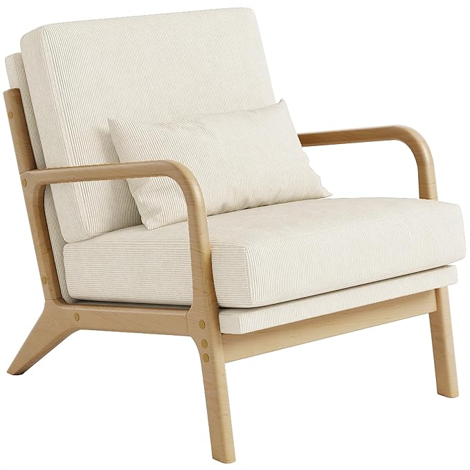 Claiks Mid-Century Modern Accent Chair Living Room Armchair with Solid Wood Frame &amp Lumbar Pillow Comfy Upholstered Lounge Chair for Bedroom Office Corduroy Beige