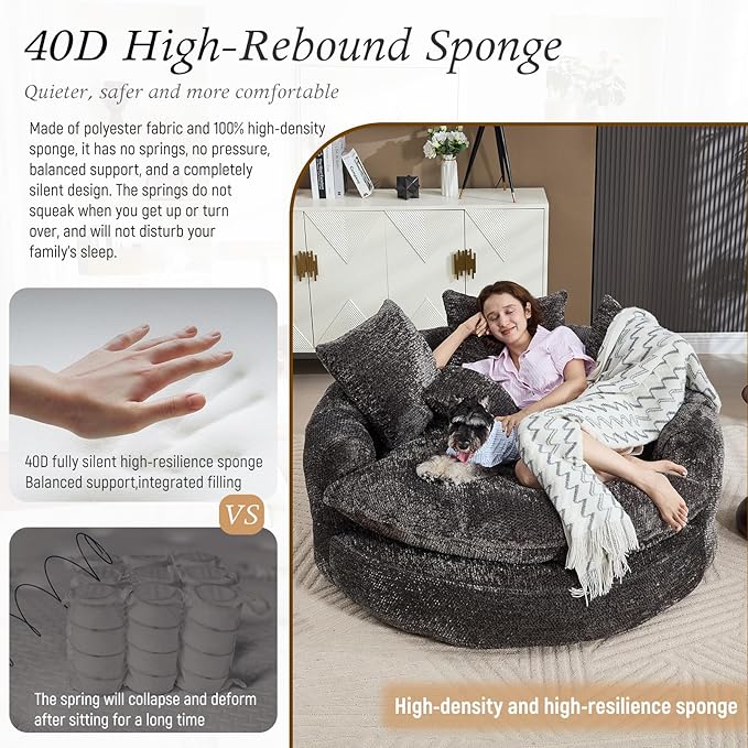 54 Oversized Round Chair Couch Lounge Chaise Indoor Comfy Boneless Sofa for Living Room Cloud Large Circle Couch Chair with 5 Pillows Fluffy Modern Sleeper Sofa Bed for Reading (Dark Grey)