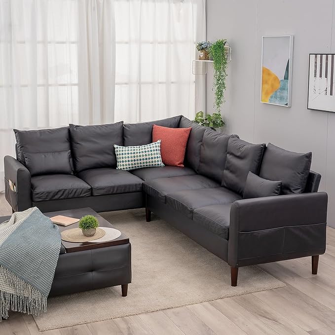 Panana 6 Seater Corneer Sofa 3 Seater &amp 2 Seater L Shaped Couchwith Curved Armrest Pockeys Solid Wood Legs Sectional Setee (Black Faux Leather 6 Seater L Shape Corner Sofa)