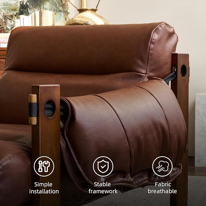Vintage Solid Wood Frame Lounge Chair with Resilient Silk-Cotton Fill &amp Ergonomic Support for Living Spaces (Brown Two Chairs)