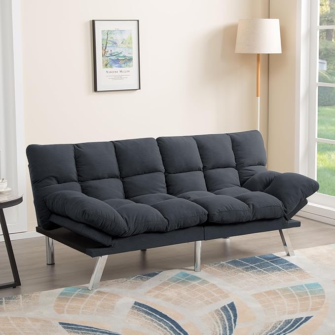 67” Convertible Futon Couch Bed Adjustable Pillow Top Arm Memory Foam Cloud Futons Loveseat Modern Light Gray Corduroy Mini Small Sofa Couches for Living Room