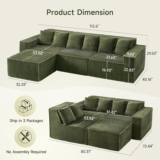 ONBRILL 112.6 Modular Sectional Sofa Comfy Corduroy Boneless Couch with Ottoman Memory Foam Modern Minimalist Cloud L Shaped Couch for Living Room No Assembly Required Green