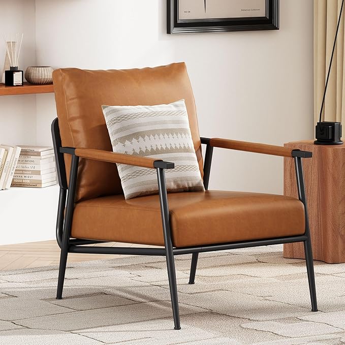 Mid Century Modern Accent Chair with Brown Faux Leather Upholstery Padded High Backrest Metal Frame and Wood Armrests Perfect for Living Room Bedroom Office Brown
