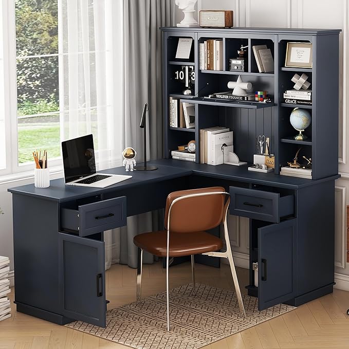 L-Shaped Executive Desk Writing Desk Office Study Workstation with Storage Cabinets and Bookcases Wood Home Office Computer Desk for Living Room Study Room (Antique Blue-11.8)
