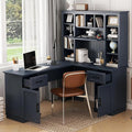 L-Shaped Executive Desk Writing Desk Office Study Workstation with Storage Cabinets and Bookcases Wood Home Office Computer Desk for Living Room Study Room (Antique Blue-11.8)