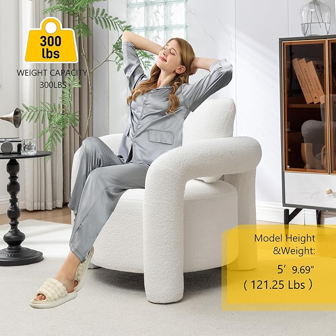 Modern Sherpa Boucle Accent ChairTeddy Upholstered ArmchairVanity Chair Single SofaCozy Fluffy Reading Chair for Living RoomVanityOfficeBedroomCorner(White)