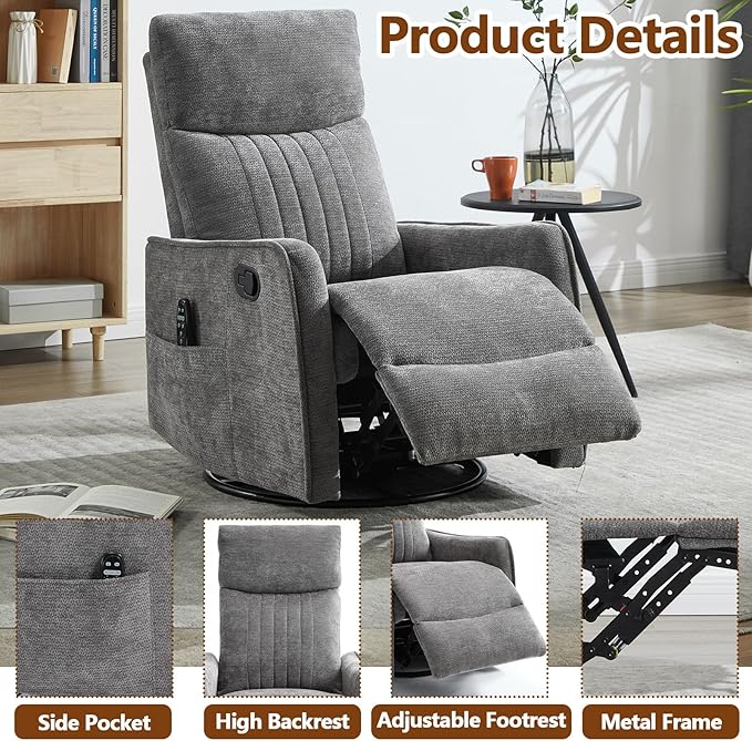 Slim Swivel Rocking Chair Recliner with PocketsLazy Boy Recliners for for AdultsSmall Recliner Chair for Small Spaces Manual Reclining Chair for Living Room Bedroom (Cinerous)