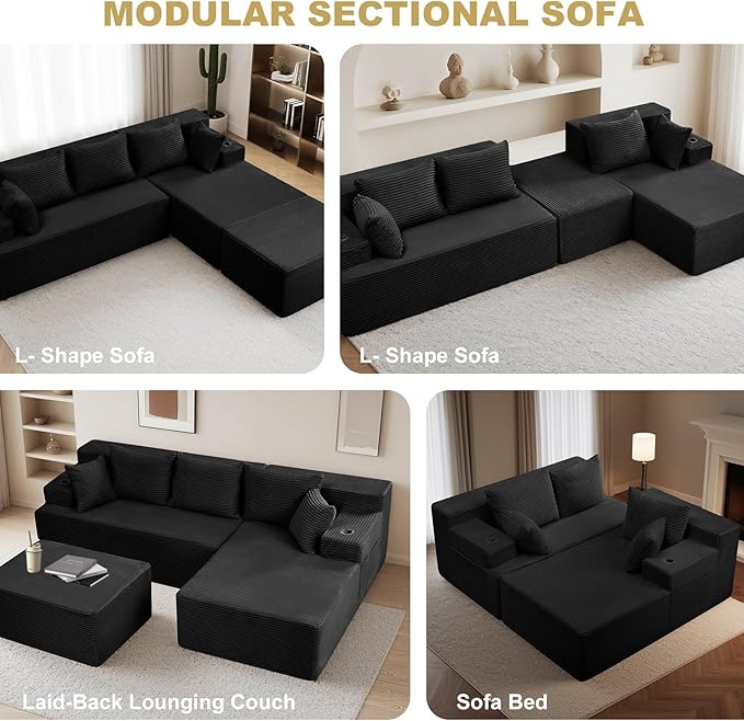 Boneless Couch Cloud Modular Sectional Sofa Modern Convertible L Shaped 3 Seat Corduroy Deep Seat Boneless Couches with 5 Pillows for Living Room Apartment (Black Right Facing Chaise+Ottoman)
