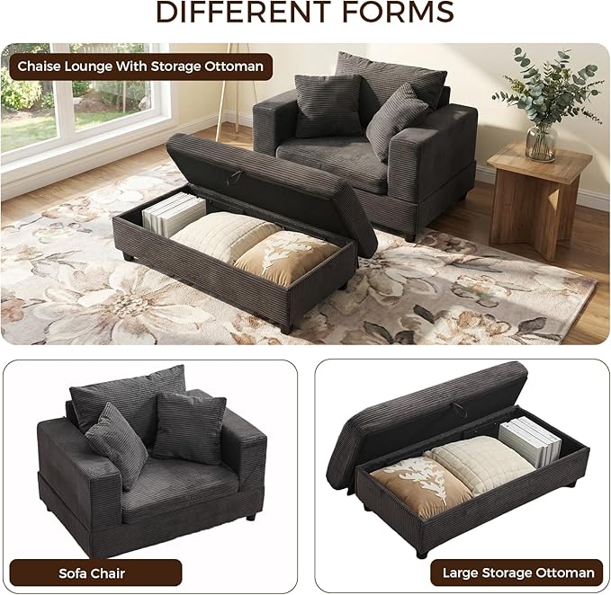 Chaise Lounge Chair IndoorOversized Corduroy Upholstered Sofa Bed with Removable Storage Ottoman Small Cloud Sofas for Living Room Comfy Deep Seat Sleeper Couch Reading Chairs (Gray)
