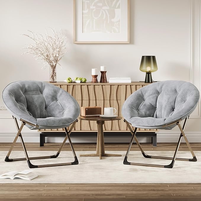 GarveeHome Comfy Oversized Saucer Chair – Soft Plush Fabric Reading Lounger for Adults Stable X-Large Metal Frame Foldable Accent Lazy Chair for Bedroom Living Room Dorm Office Grey