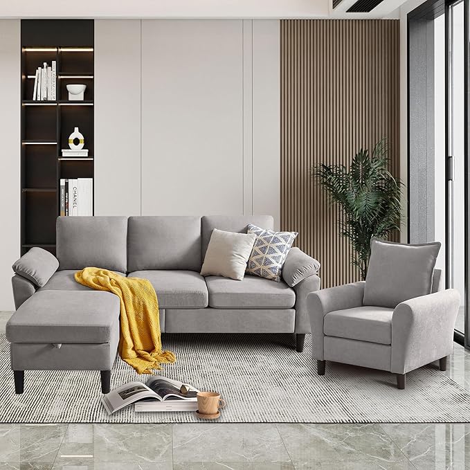 2 Piece Couches Set for Living Room Convertible L Shaped Sofas 3 Seat Couch with Ottoman and Accent Chair Modern Linen Sofa for Small Space (Light Grey)