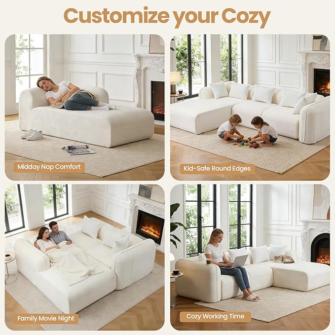 117’’ Chenille Fabric Boneless Couches for Living RoomModular Sectional Cloud Sofa |Fluffy Chenille Deep Seat No-Assembly Memory Foam Comfy Cloud Couch with L-Shaped Chaise (Beige)
