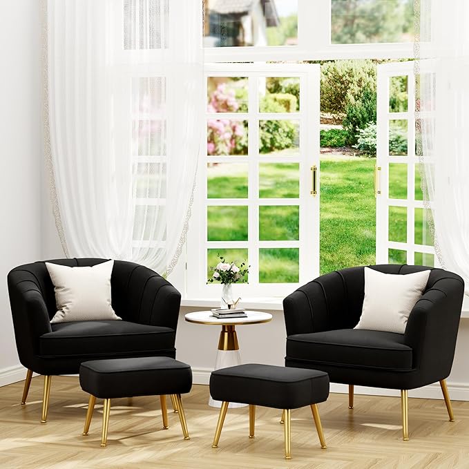 Velvet Accent Chairs with Ottoman for Living Room Bedroom Office Leisure Upholstered Single Sofa Chair Arm Chair Comfy Chair Reading Club Coffee Chair with Metal Legs Black