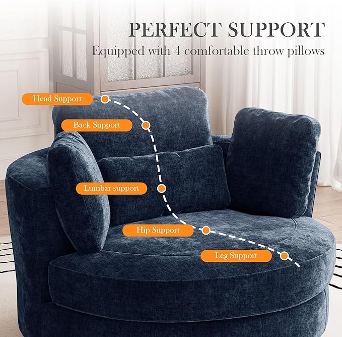 Aoiy &amp Wifon 50'' W Oversized Swivel Barrel Chair Navy Swivel Accent Chair for Living Room Round Oversized Arm Chair with 4 Pillows Deep Seat &amp Extra Wide Chenille