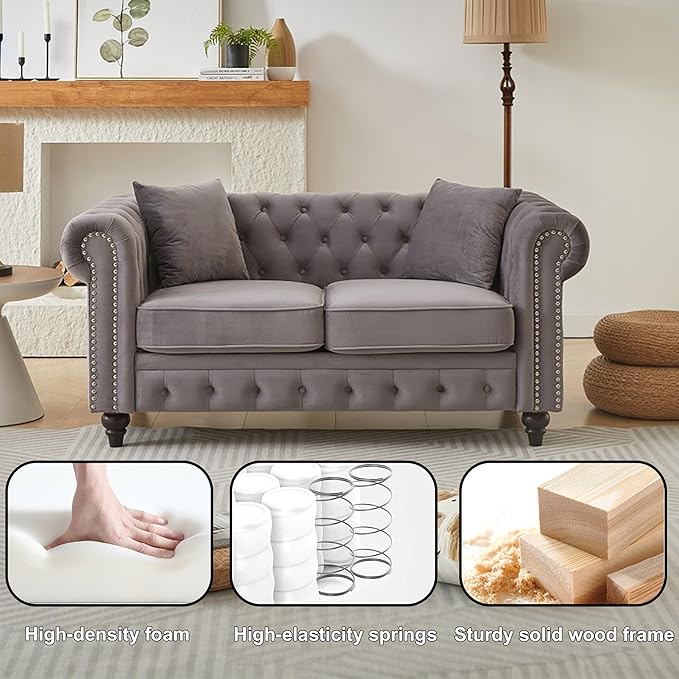63.5 Velvet Oversize Chesterfield Grey Loveseat Sofa Rolled Arms Modern Sofa with Button Design and 2 Cushions for Living Room (Grey 63.5 Loveseat Sofa)