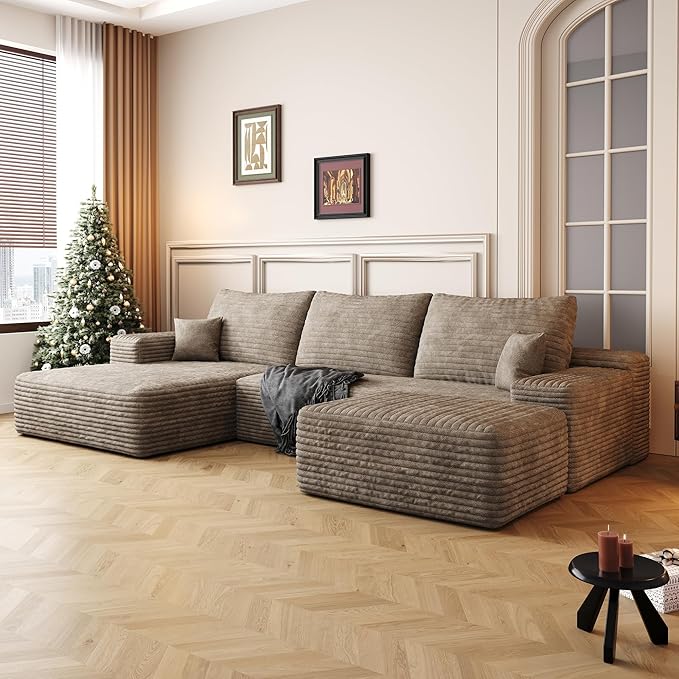 Oversized Corduroy Sectional Boneless Couch 108 W U Shaped Modular Sectional Sofa with Chaise/Ottoman No Assembly Required Compress Couches for Living Room (Camel 3 seater+Ottoman+Left Chaise)