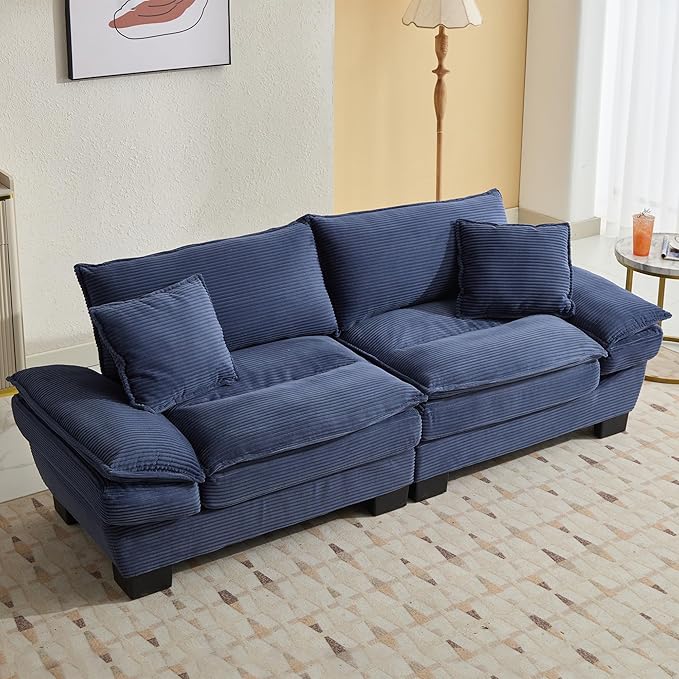 KEIKI Loveseat Sofa 84 Corduroy Upholstered Couch with Deep Seat and 2 Pillows Modern Loveseat Sofa Couch for Small Spaces Living Room Apartment Office Blue