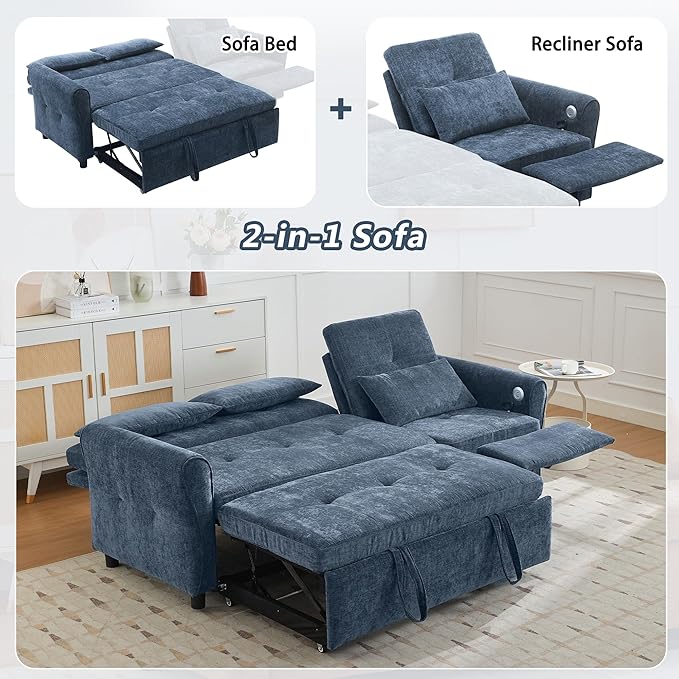 Polibi 2-in-1 Convertible Sofa Bed &amp Recliner - 3-Position Adjustable Backrest (105°-180°) Reversible Design Dual USB Ports 82 Wide Blue