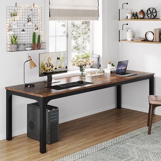 Tribesigns 78.7 Inches Extra Long Computer Desk 2 Person Desk Double Long Desk Workstaion for Home Office Brown+Black
