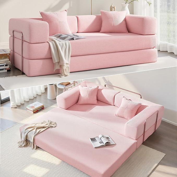 YINIX Foldable Sofa Bed 78'' Folding Floor Couch Compressed Convertable Sleeper Sofa Memory Foam Couch with Pillow Back Support Armrest 4-in-1 Futon Sofa Bed for Living Room Pink