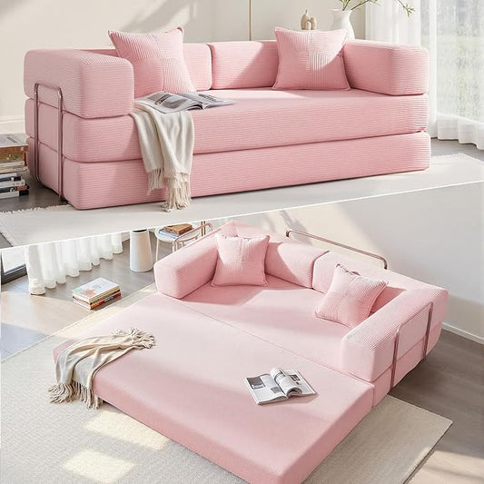 YINIX Foldable Sofa Bed 78'' Folding Floor Couch Compressed Convertable Sleeper Sofa Memory Foam Couch with Pillow Back Support Armrest 4-in-1 Futon Sofa Bed for Living Room Pink