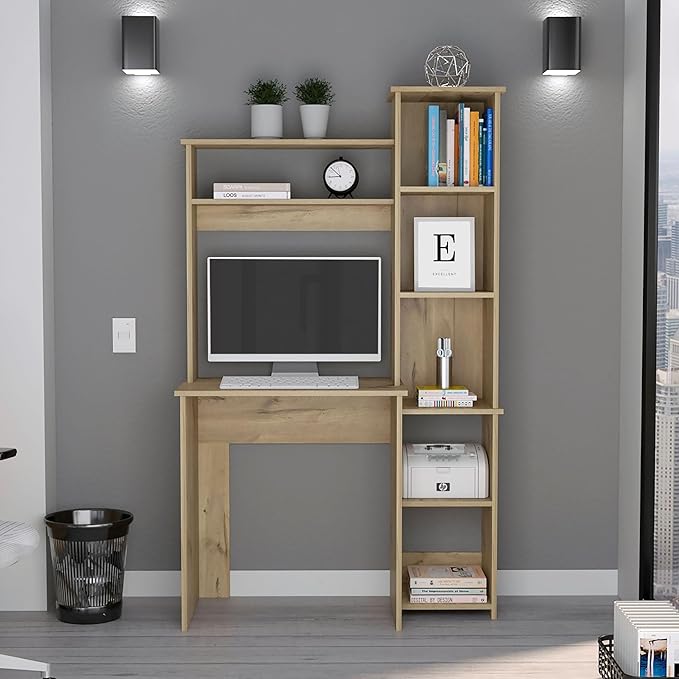 Light Oak 6-Shelf Writing Work Study Desk with Built-in Bookcase Home Office Furniture for Study and Home Office