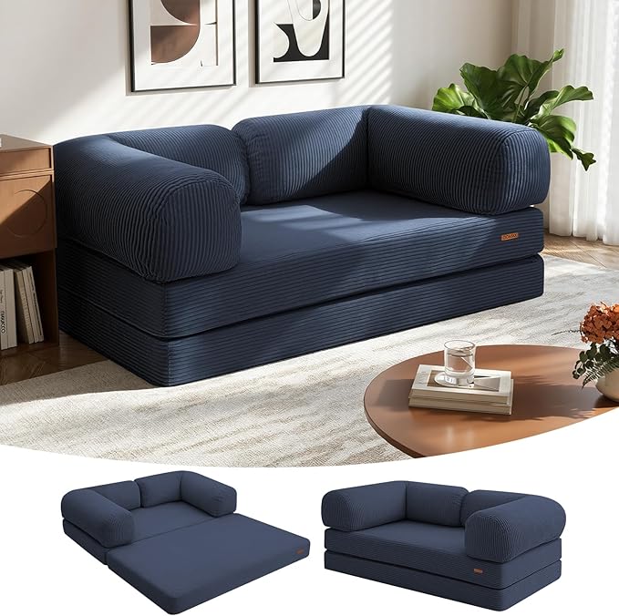 COMAX Folding Sofa Bed Queen 4-in-1 Foldable Floor Couch Convertible Futon Sofa with Armrests Sleeper Mattress Fold Out Chair Bed Lounge Guest for Living Room Navy Blue