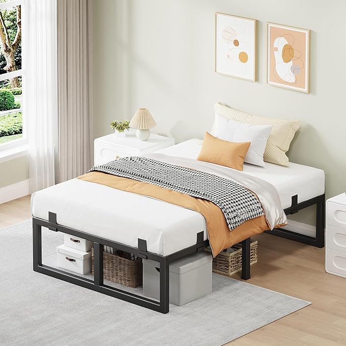 Twin XL Bed Frame 14 Inch Metal Platform Bed Frames with Squeak Free U-Slot Design 6 Non-Slip Guards 3500lbs Heavy Duty Steel Slat Support No Box Spring Needed Under Bed Storage Black