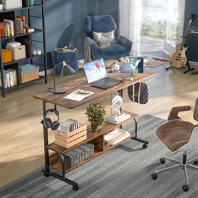 Armocity Rolling Standing Desk with Power Outlets 47 Manual Height Adjustable Mobile Computer Desk with Wheels Portable Sit Stand Laptop Couch Table for Bed &amp Sofa Home Office Rustic Brown