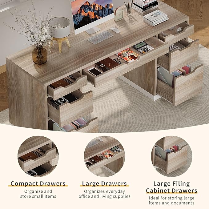 54 Inch Computer Desk with Storage Drawers Executive Desk with 7 Drawers for Bedroom Office Desk with File Cabinet for Work Study Writing Small Spaces White and Walnut
