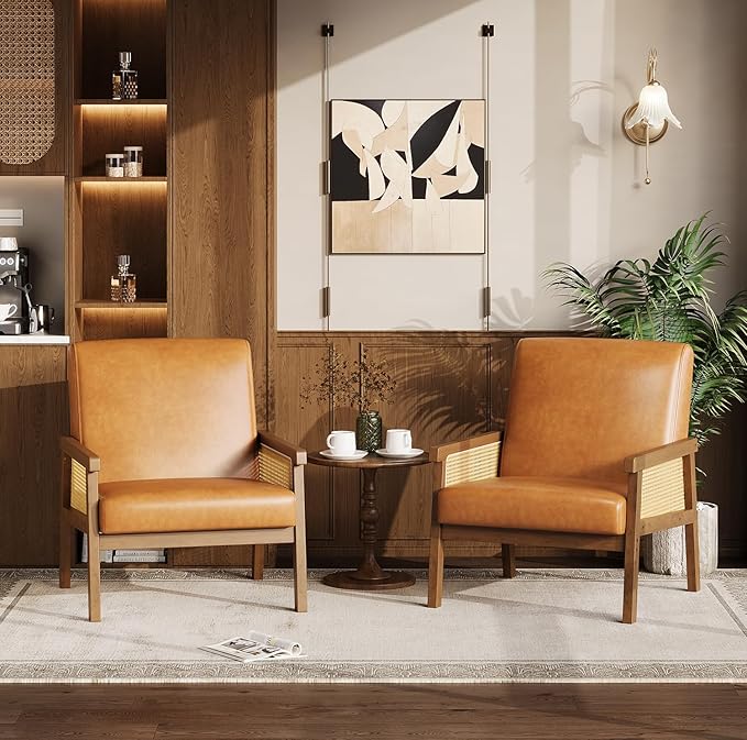 GAOMON PU Leather Accent Chair Rattan Armchair with Wooden Armrest and Legs Modern Lounge Chair for Living Room/Bedroom/Reading Room/Waiting Room Brown