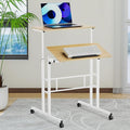 Small Standing Desk Adjustable Height and Angle Computer Laptop Desk Home Office Sit Standup Desk Portable Rolling Desk with Wheels 2 Platforms Natural