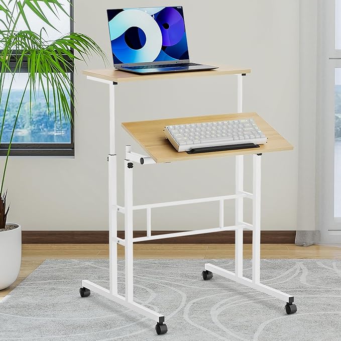 Small Standing Desk Adjustable Height and Angle Computer Laptop Desk Home Office Sit Standup Desk Portable Rolling Desk with Wheels 2 Platforms Natural