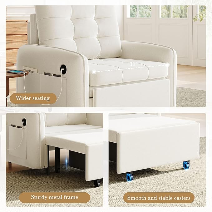 3-in-1 Convertible Sleeper Chair Bed Multi-Functional Chenille Single Sofa Bed with Storage Pockets and Box 80 Extra Long Pull Out Sleeping Lounge Chair for Living Room &amp Apartment (Beige35)