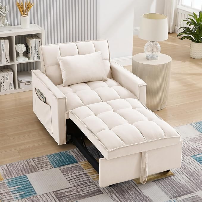 Antetek Sleeper Sofa Chair Bed Convertible Velvet Single Pull Out Sofa Chair Modern Tufted Living Room Reading Chair with Adjustable Backrest/Pillow for Small Spaces Apartment Office Beige