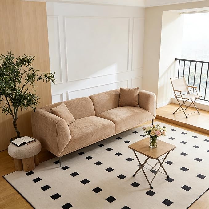 82 Modern Couch Camel Sofa 3 Seater Luxury Boucle Sofas Upholstered Minimalist Sofas with Metal Legs Cloud Deep Seat Curved Couches for Living Room Bedroom Home Office Apartment