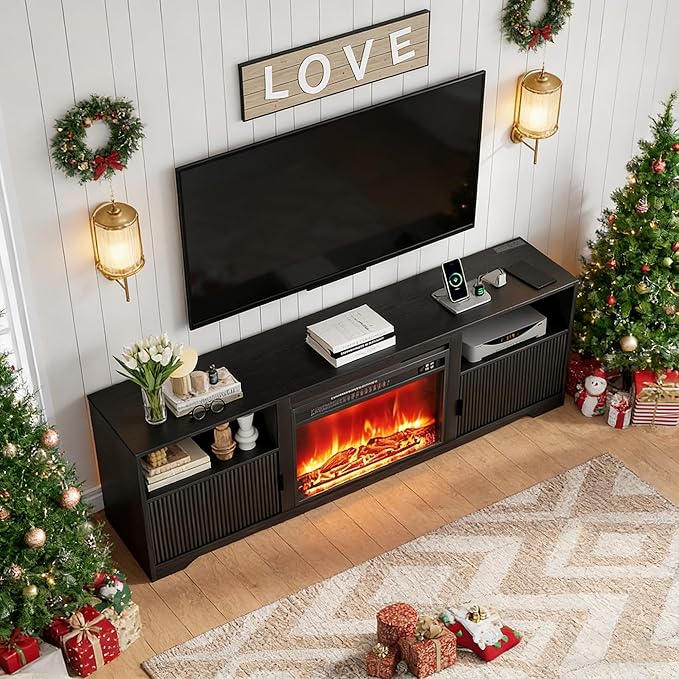 Fireplace TV Stand for Television up to 80 InchEntertainment Center with Adjustable ShelfMid-Century Modern Fluted TV Stand with 23 Electric FireplaceMedia Console for Living RoomBedroom